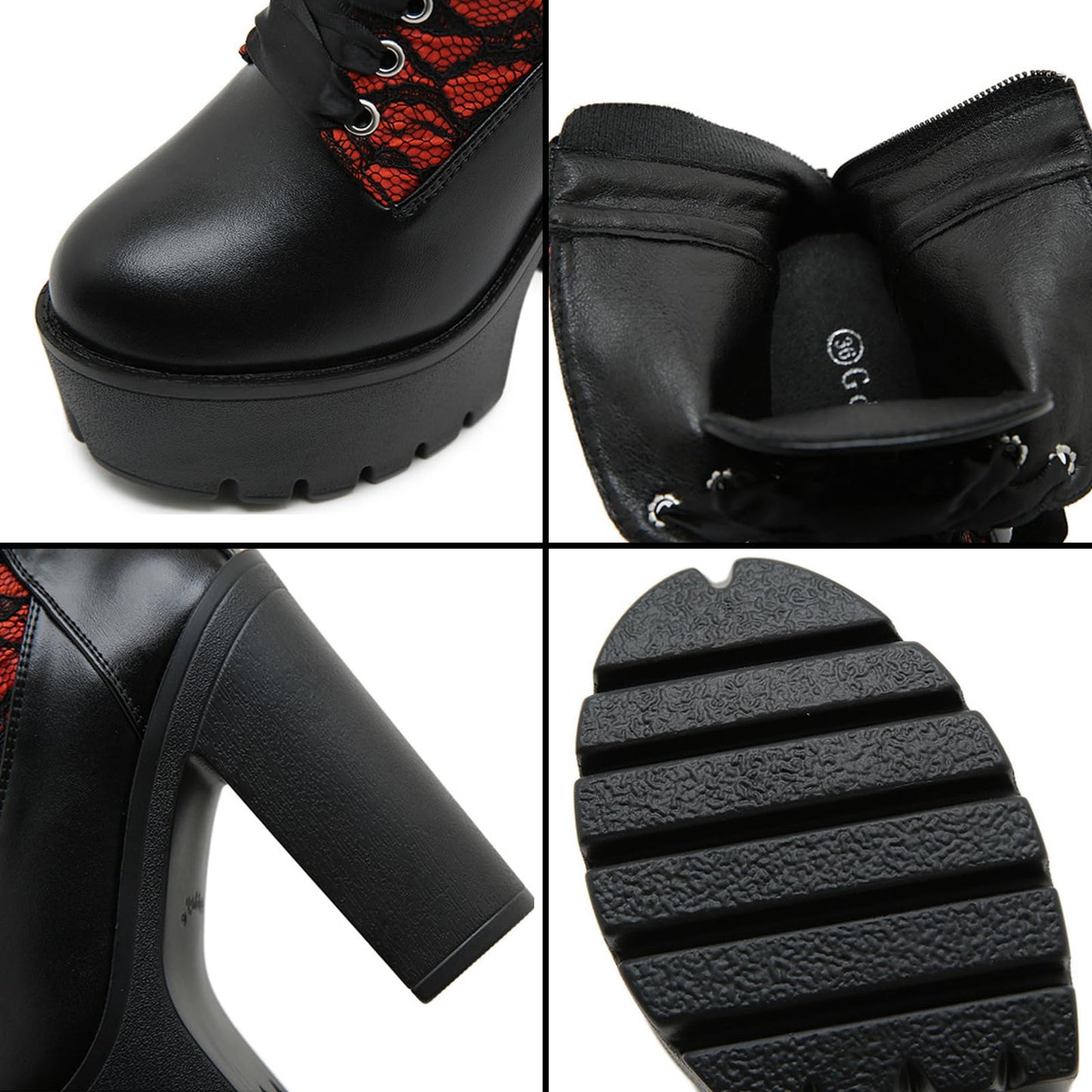 NEJKG Women's Gothic Rave Boots, Leather Lace Splicing Platform Chunky Heels, Ankle Boots, Black, Size 6