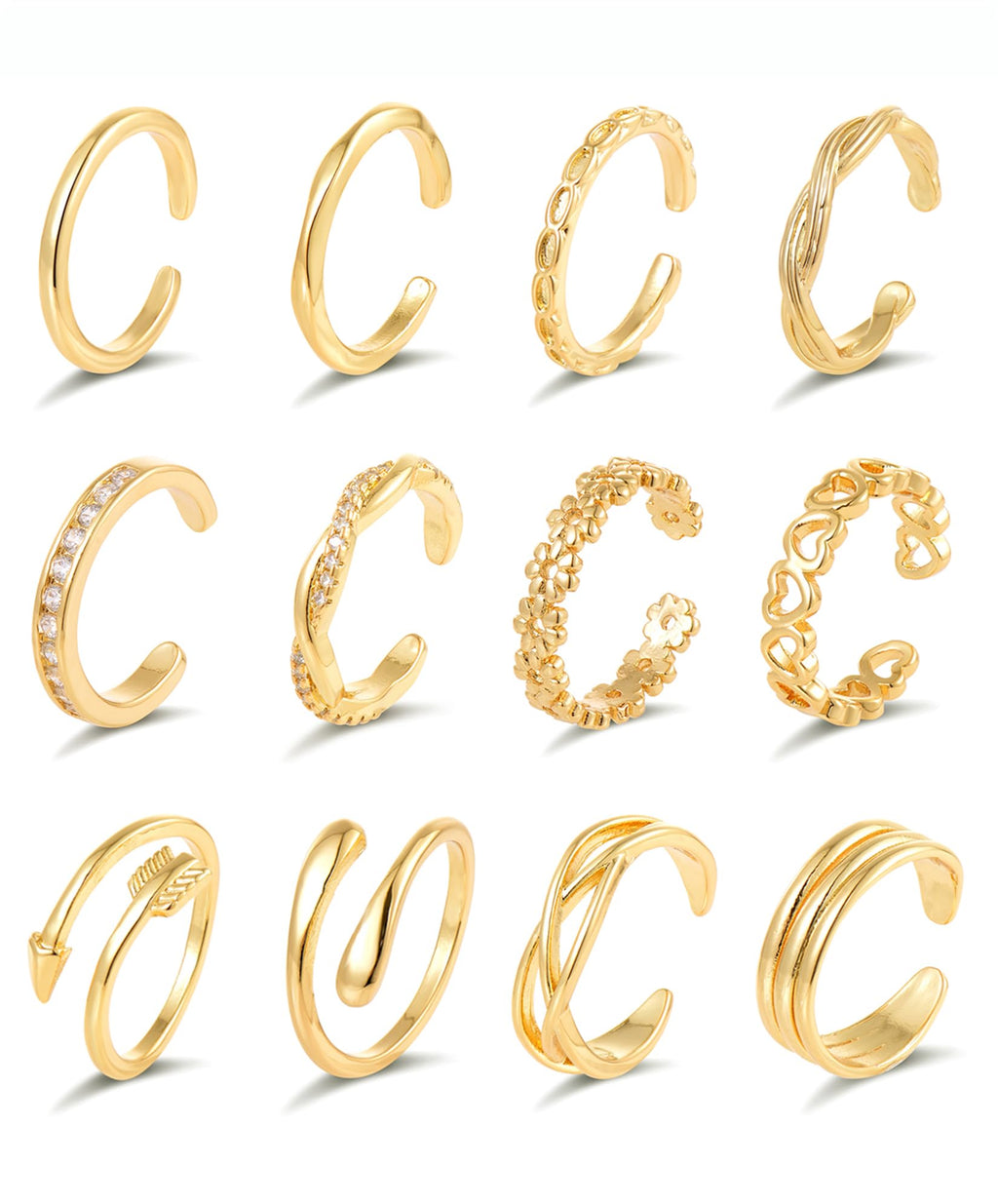 Ofeiyaa 12PCS 18k Gold Plated Open Toe Rings CZ Wave Twist Arrow Celtic Knot Heart Thin Band Ring Knuckle Finger Stacking Tail Ring Pack Beach Foot Jewelry Set For Women Adjustable