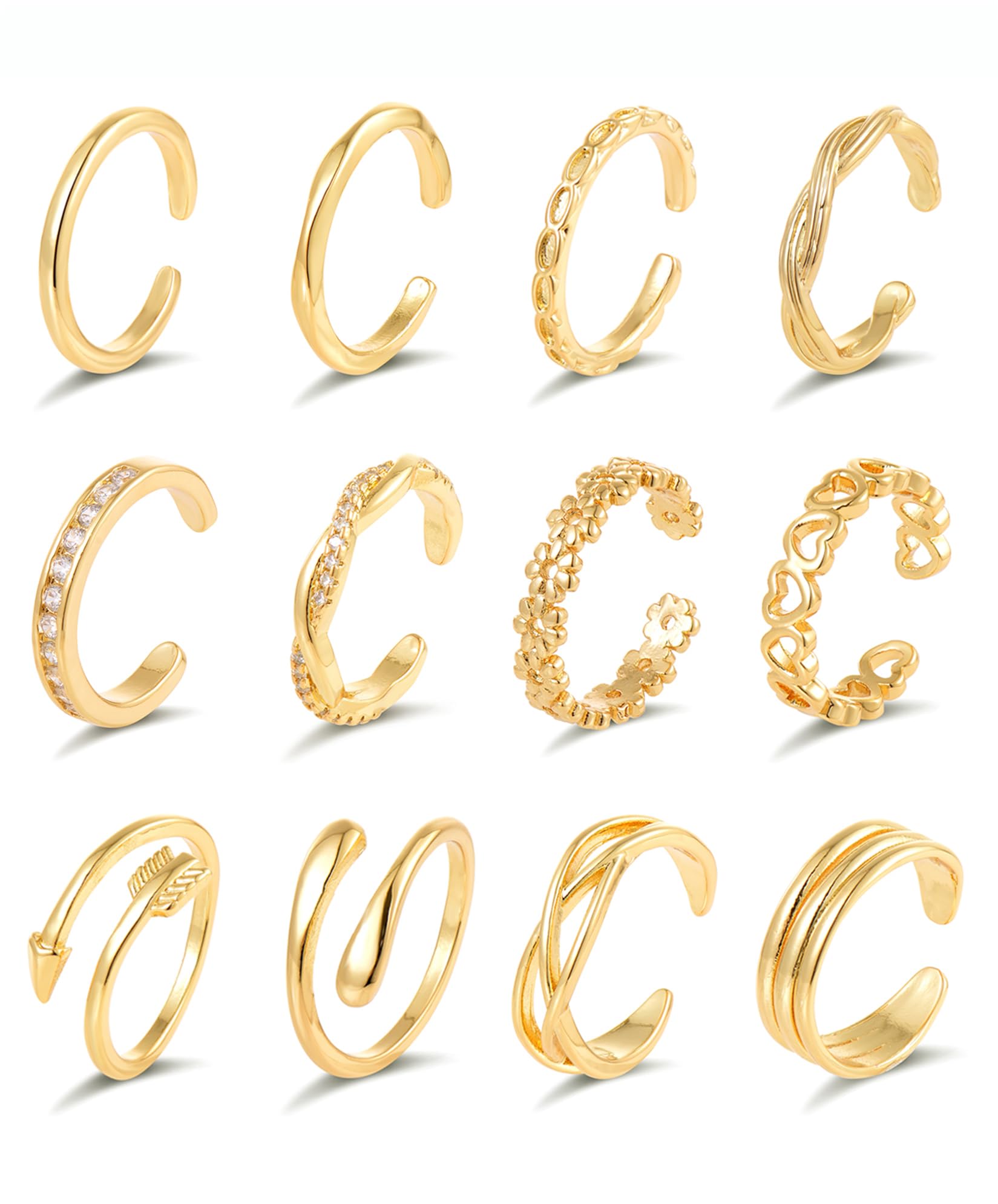 Ofeiyaa 12PCS 18k Gold Plated Open Toe Rings CZ Wave Twist Arrow Celtic Knot Heart Thin Band Ring Knuckle Finger Stacking Tail Ring Pack Beach Foot Jewelry Set For Women Adjustable