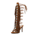 FancyQueen Gladiator Heels Knee High Heels for Women Open Toe Stiletto Suede Fringe Boots Lace up Strappy Peep Toe High Sandal Boots Brown