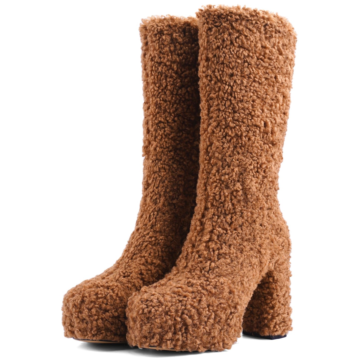 JilTrdWei Mid Calf Fluffy Furry Boots Warm Platform Chunky High Heel Pull On Boots Fashion Winter shoes-brown-6
