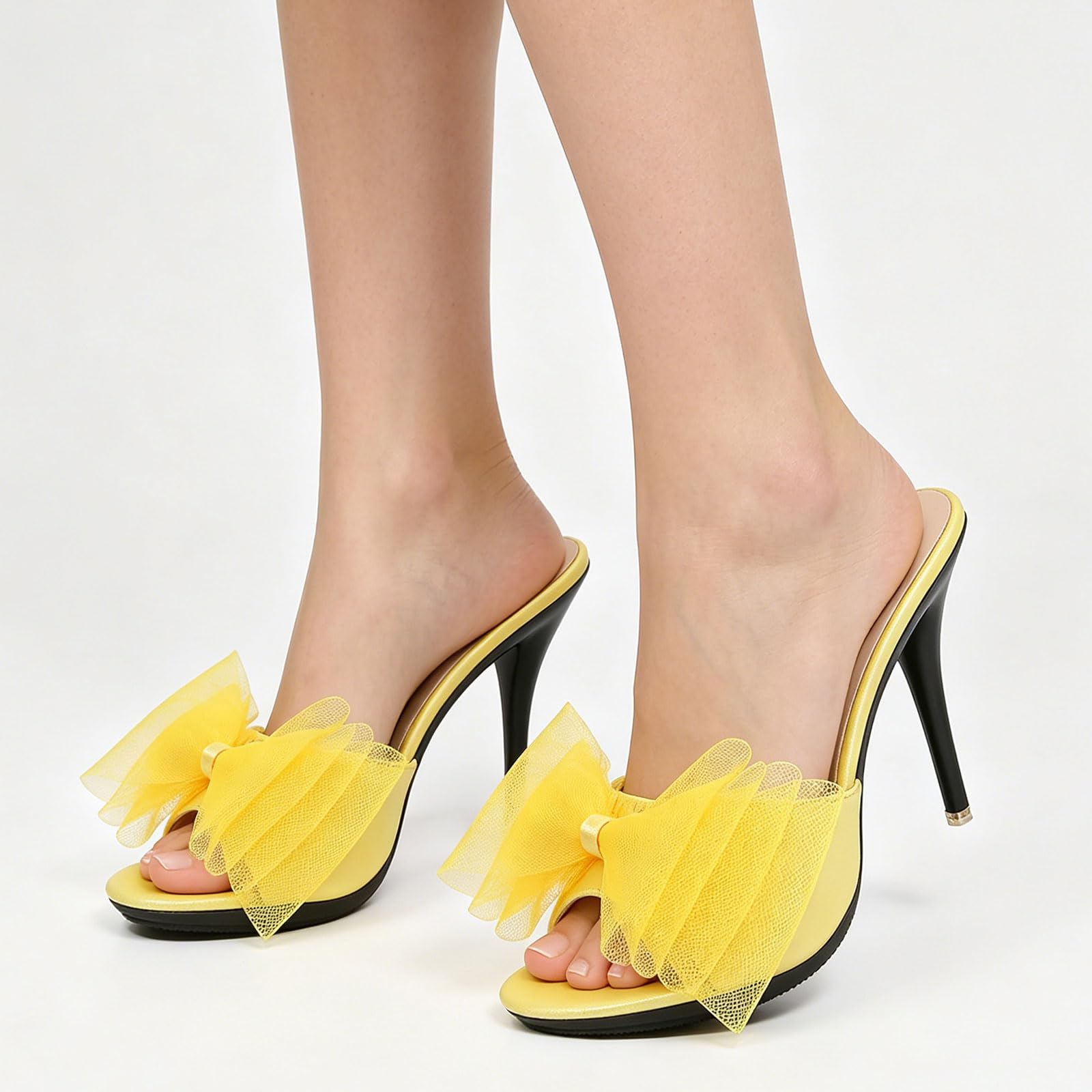 XHOGNLS Women'S Sexy Mesh Bow Stiletto Slides Sandals Fashion Round Open Toe Tulle Bow Slip On High Heel Prom Mule Sandals For Party Wedding (5,yellow)