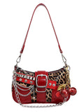 QWINEE Women's Studded Shoulder Bag Y2k Chain Clutch Purses Vintage Buckle Leather Underarm Bag Brown and Red One Size