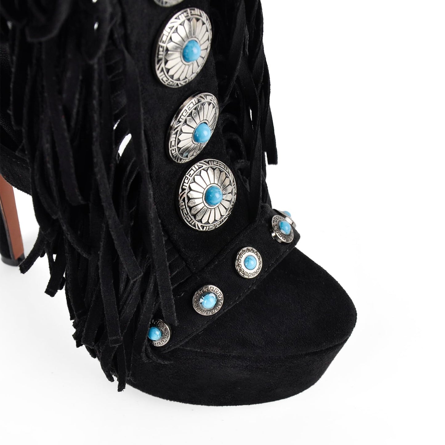 Only maker Women’s Platform Gladiator Sandals Stiletto High Heels with Fringe & Turquoise Decorations Open Toe Summer Boots with Back Lace-Up Faux Suede Black