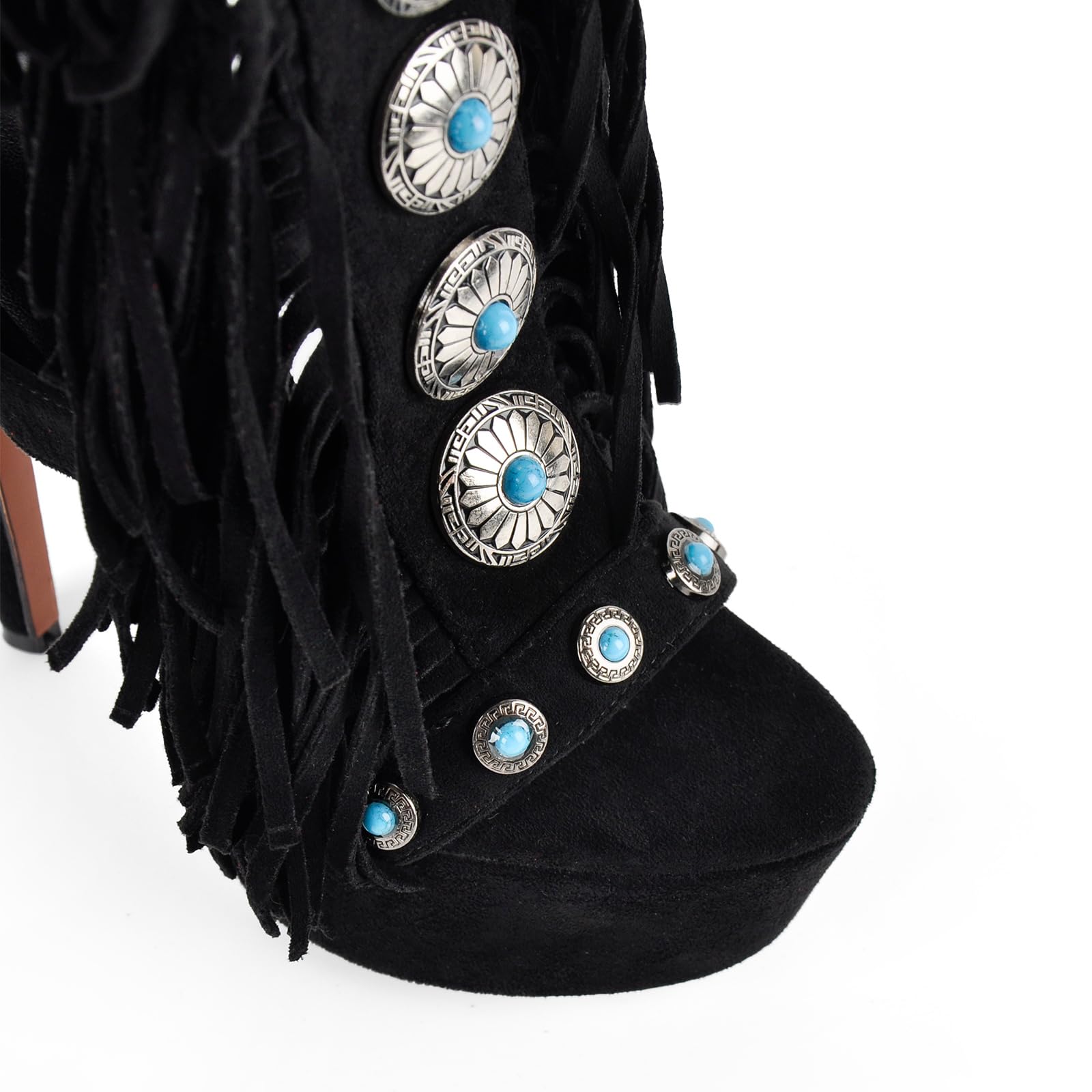 Only maker Women’s Platform Gladiator Sandals Stiletto High Heels with Fringe & Turquoise Decorations Open Toe Summer Boots with Back Lace-Up Faux Suede Black