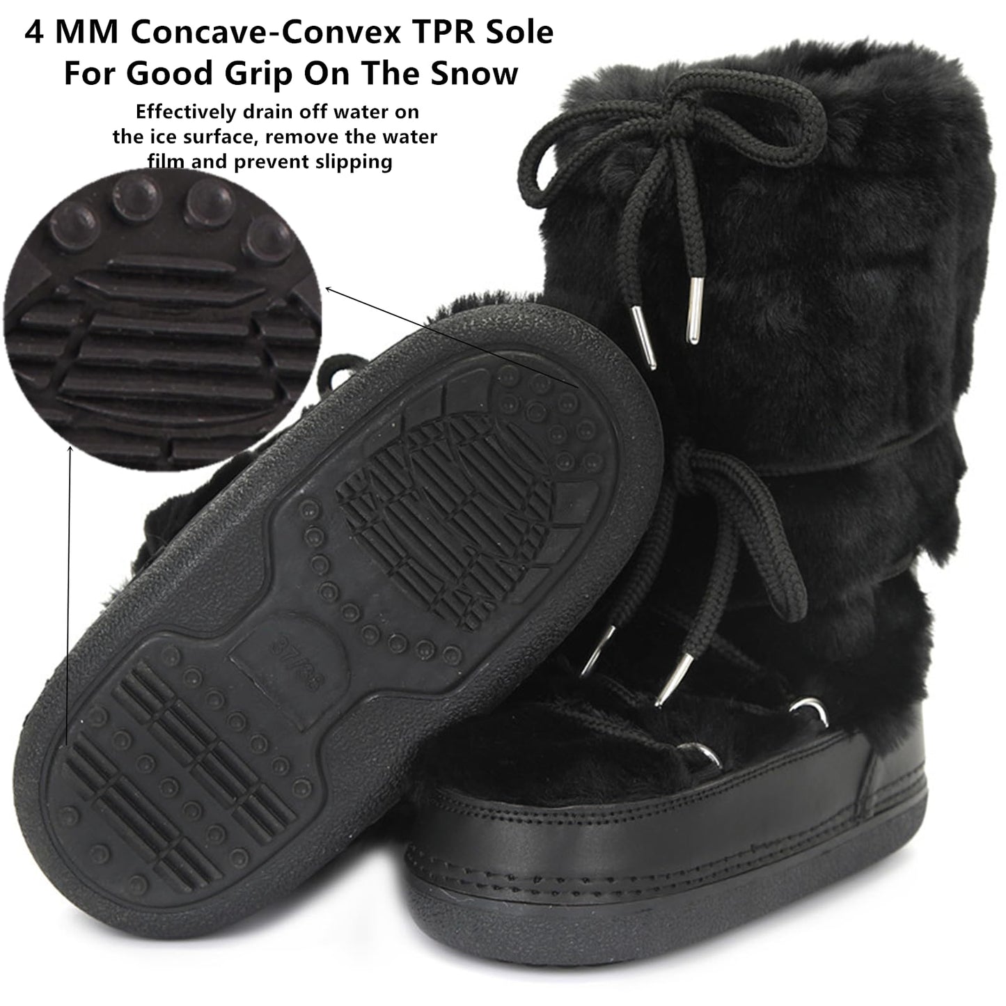 ZHENAIYISHENG Faux Fur Boots for Women - Fuzzy Fluffy Furry Water Resistant Snow Boots for Women - Anti-Slip with Cotton Sponge Lined and TPR Rubber Sole Black White Fur Boots black,