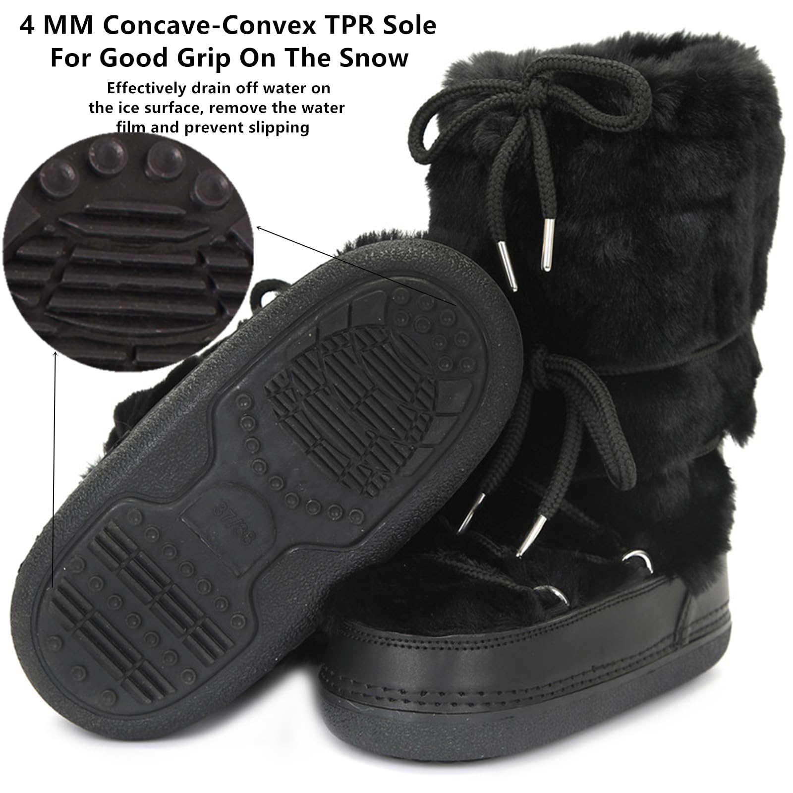 ZHENAIYISHENG Faux Fur Boots for Women - Fuzzy Fluffy Furry Water Resistant Snow Boots for Women - Anti-Slip with Cotton Sponge Lined and TPR Rubber Sole Black White Fur Boots black,