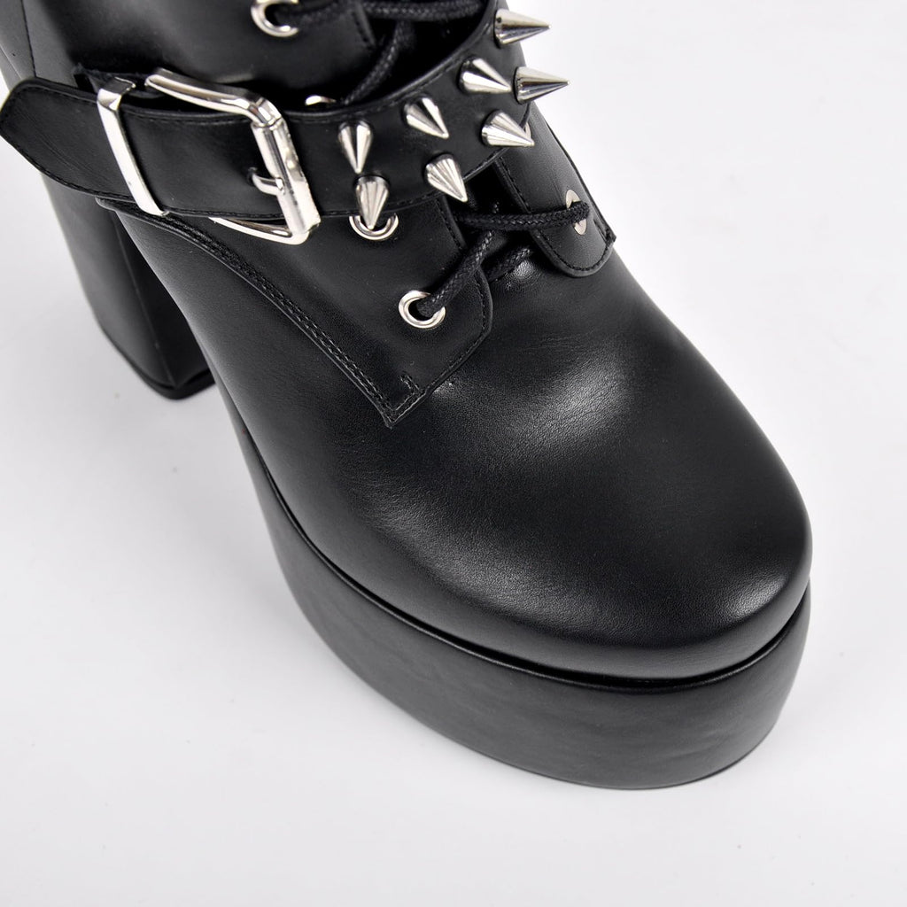 onlymaker Women's Knee-High Combat Boots Chunky High Heel Platform with Silver Buckles Studs Lace-Up Black Size 8