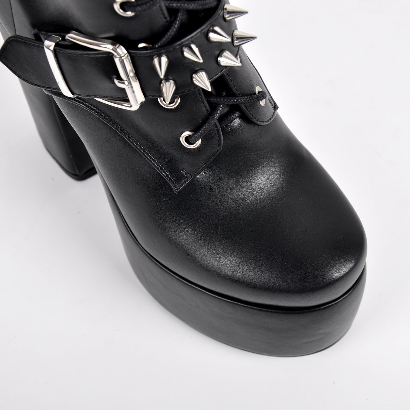 onlymaker Women's Knee-High Combat Boots Chunky High Heel Platform with Silver Buckles Studs Lace-Up Black Size 8