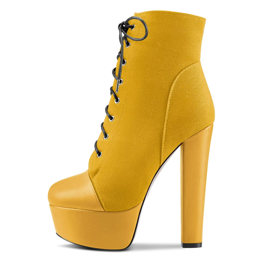 NobleOnly Women Chunky Block Platform High Heel Round Toe Lace-up Zipper Ankle Boots Short Bootie Classic Shoes Yellow