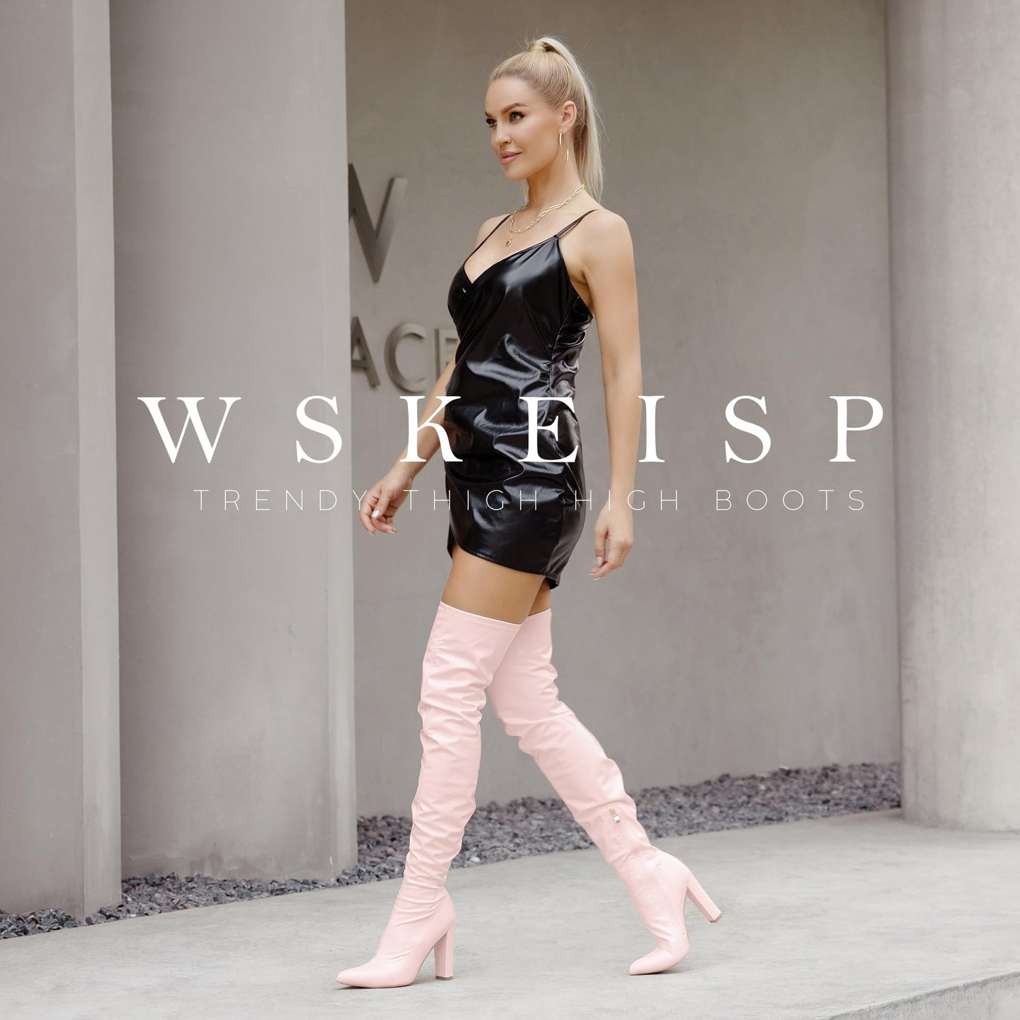 WSKEISP Pink Thigh High Boots for Women Gogo Heeled Over The Knee High Chunky Patent Leather 70s Long Tall Boots