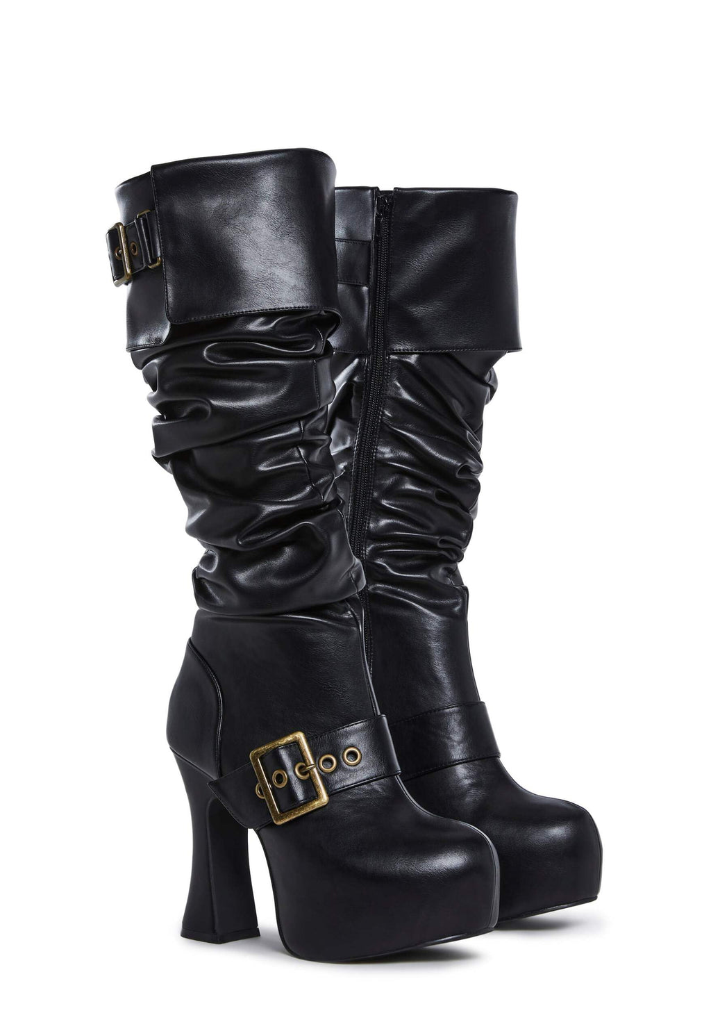 Dolls Kill Ren Faire Plat. Slouchy Boot by Trickz N’ Treatz – Women’s Vegan Leather Platform Boots with Buckles, Black, 10