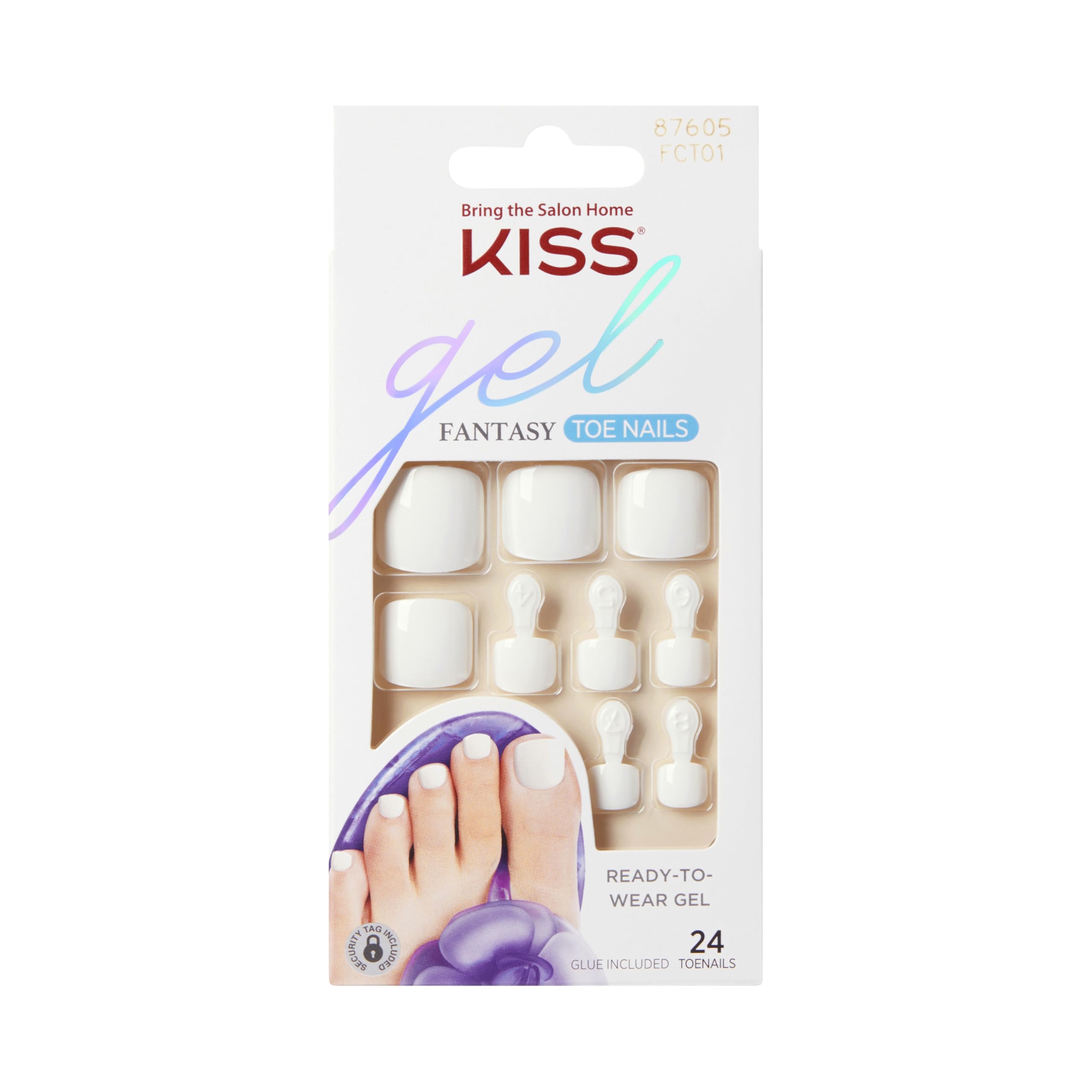 KISS Gel Fantasy Collection Ready-To-Wear Fake Toenails Pedicure Set, Style 'This is Classic', with Mini Nail File, Pink Gel Nail Glue & 24 White Smudge-Proof Glue-On Toenails
