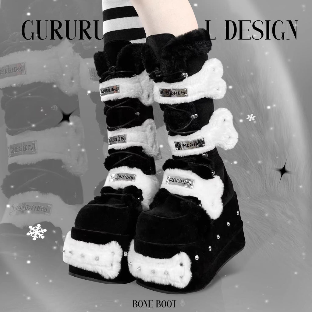 GURURU Womens Goth Boots with Bone Shape Elements Mid Calf Boots Chunky High Heel Punk Goth with Warm Fur Platform Boots (black, Adult, Women, 8, Numeric, US Footwear Size System, Medium)
