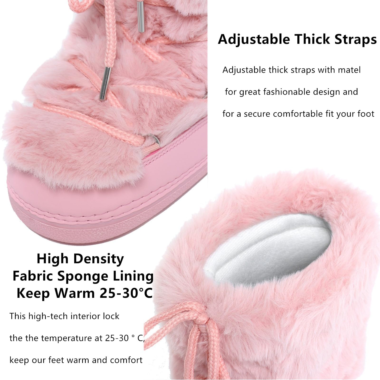 ZHENAIYISHENG Faux Fur Boots for Women - Fuzzy Fluffy Furry Water Resistant Snow Boots for Women - Anti-Slip with Cotton Sponge Lined and TPR Rubber Sole Black White Fur Boots pink