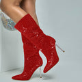 Women's Red Denim Mid Calf Boots sparkly Rhinestone Stiletto Heel Boots Western Wide Calf Short Cowboy Boots Sexy Pointed Toe dress Party Boots