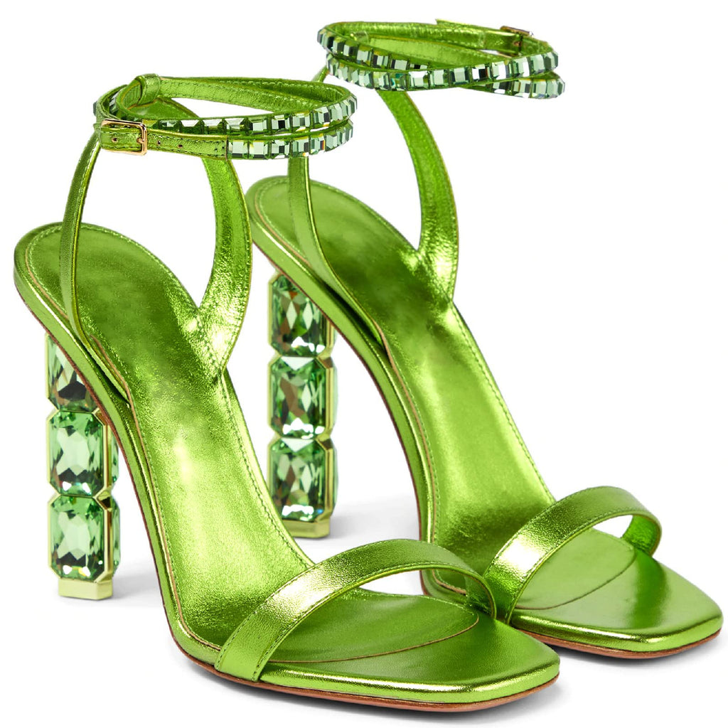 LauraVicci Women Heeled Sandals Ankle Straps Rhinestone Crystal Chunky Block Open Toe Slip on Wedding Slip on Wedding Party Evening Dress Shoes Green Size 8
