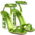 LauraVicci Women Heeled Sandals Ankle Straps Rhinestone Crystal Chunky Block Open Toe Slip on Wedding Slip on Wedding Party Evening Dress Shoes Green Size 8