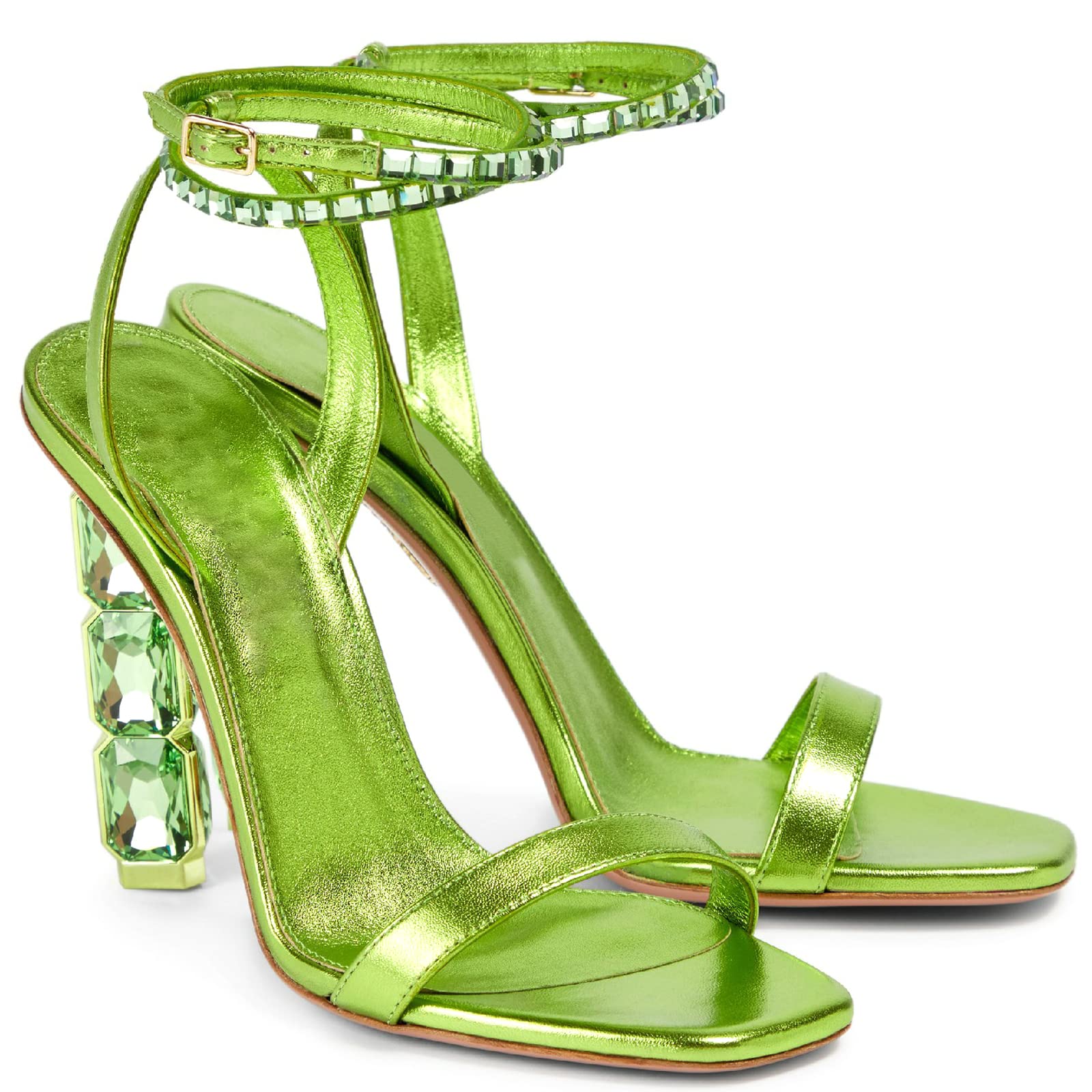 LauraVicci Women Heeled Sandals Ankle Straps Rhinestone Crystal Chunky Block Open Toe Slip on Wedding Slip on Wedding Party Evening Dress Shoes Green Size 8