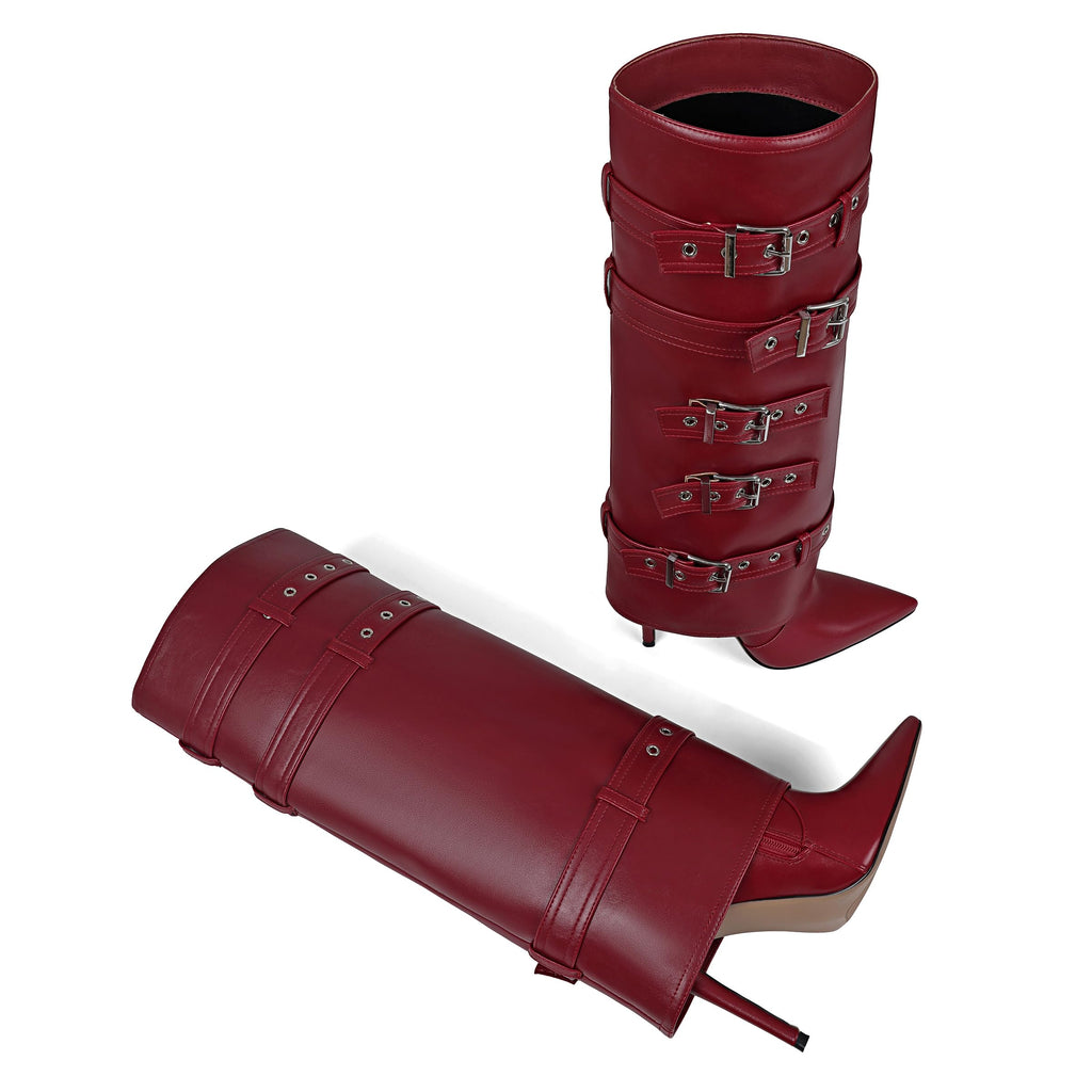 Grakihily Womens Red Boots Knee High Buckle Fold Over Tall Boots Leather Long Slouchy Shark Boot Pointed Toe Stiletto Heel with Zipper,Size, 8.5