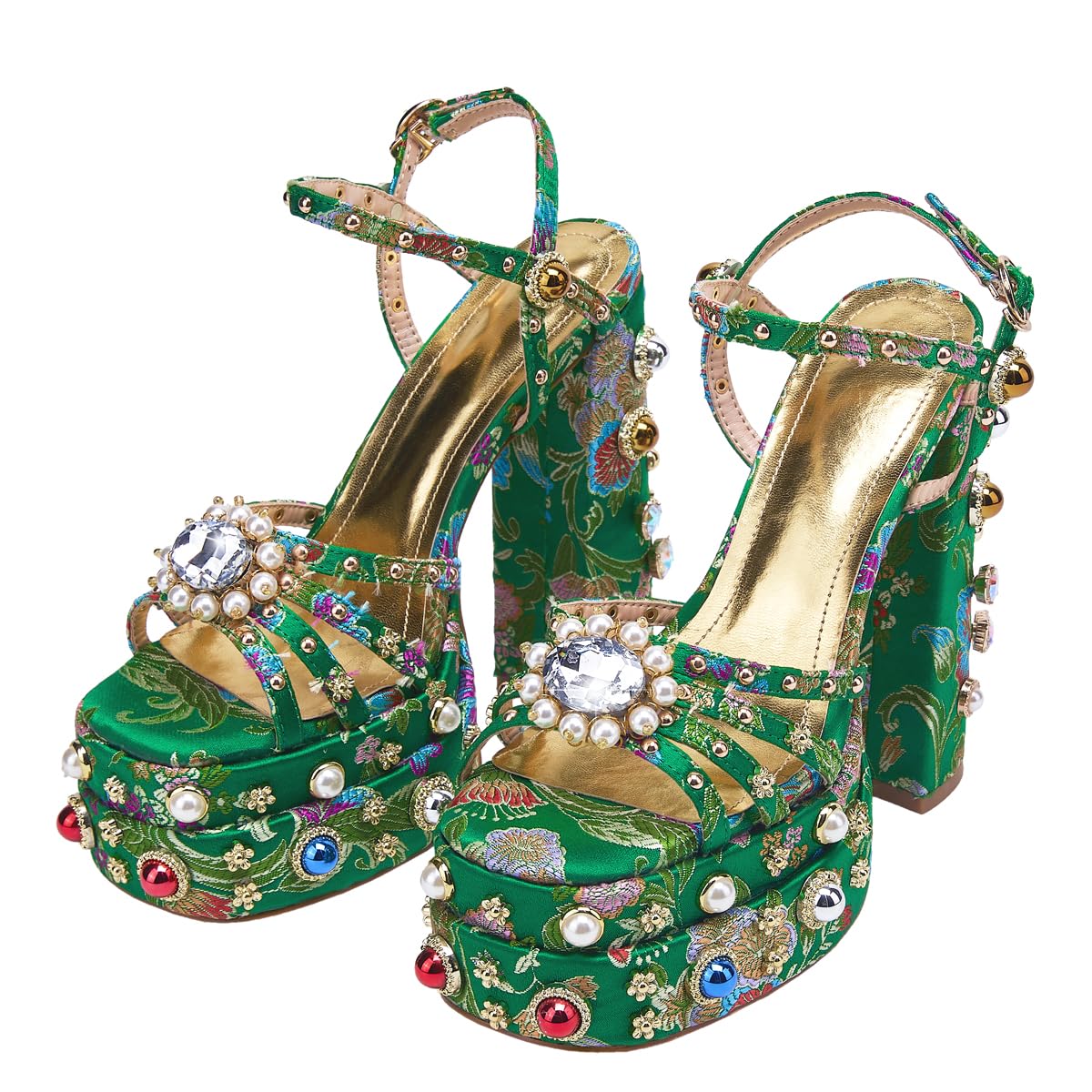 Green Feinlina Women Rhinestone High Chunky Platform Heel