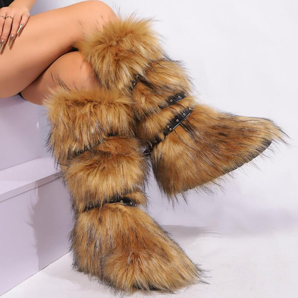 Valpeak Womens Faux Fur Boot Winter Fluffy Long Furry Boots for Girls Outdoor Fuzzy Knee-High Boots(Brown,
