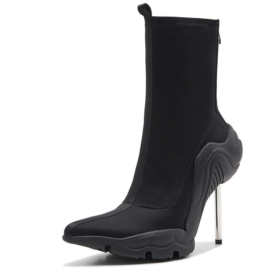 Tsrenlmln Women's Ankle Boots High Heel Boots for Women Fashion Pointed Toe Stiletto Boots Womens Elastic Fabric 8cm Heel Pull-On Short Boots Black Boots