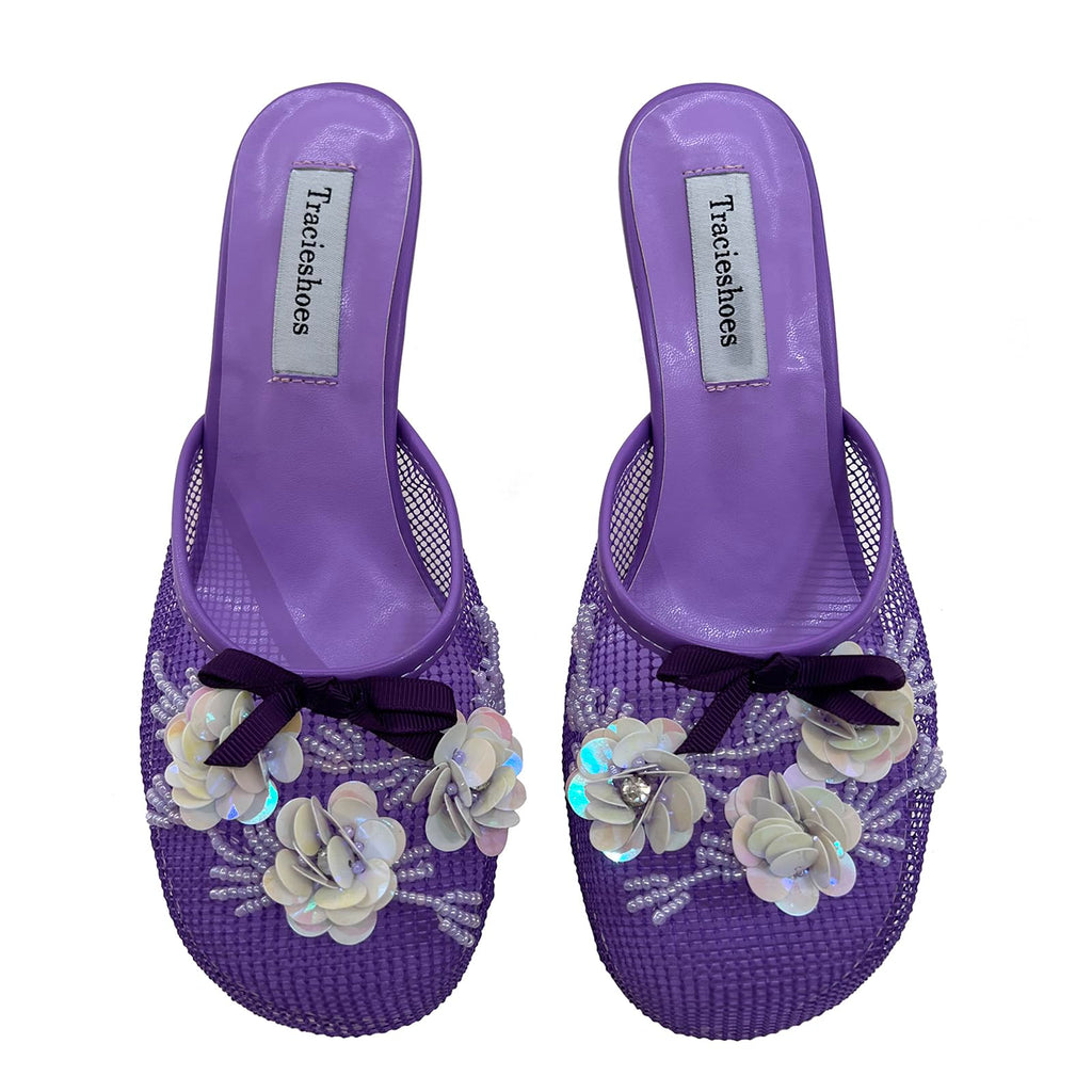 Tracieshoes Women's Mesh Mule Slip On Sandals With Floral Sequin Embellishments Round Toe Middle 2.5 Inch Heel Slides Slippers Purple