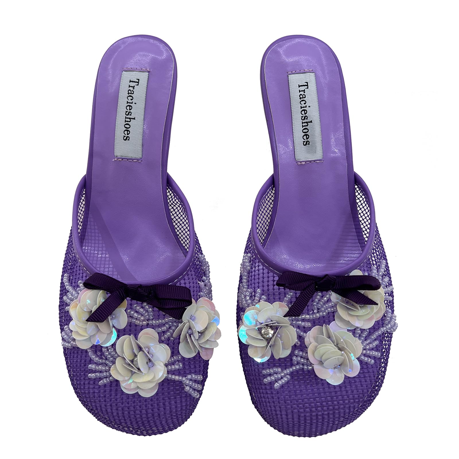 Tracieshoes Women's Mesh Mule Slip On Sandals With Floral Sequin Embellishments Round Toe Middle 2.5 Inch Heel Slides Slippers Purple