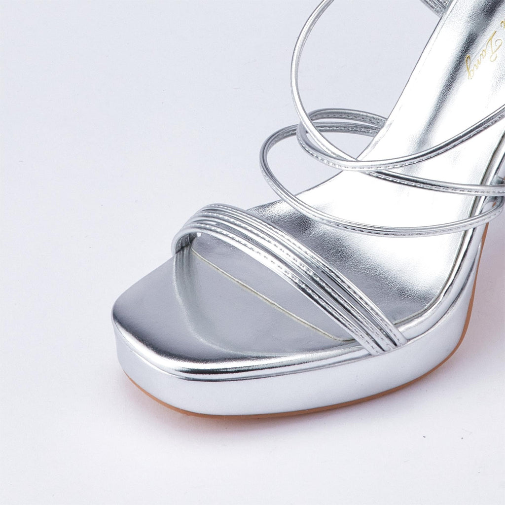 Elisabet Tang Women's Strappy Heeled Sandals, 5 inch Platform Heels Sandals Chunky Lace up High Heels Open Toe Party Heels Shoes Silver