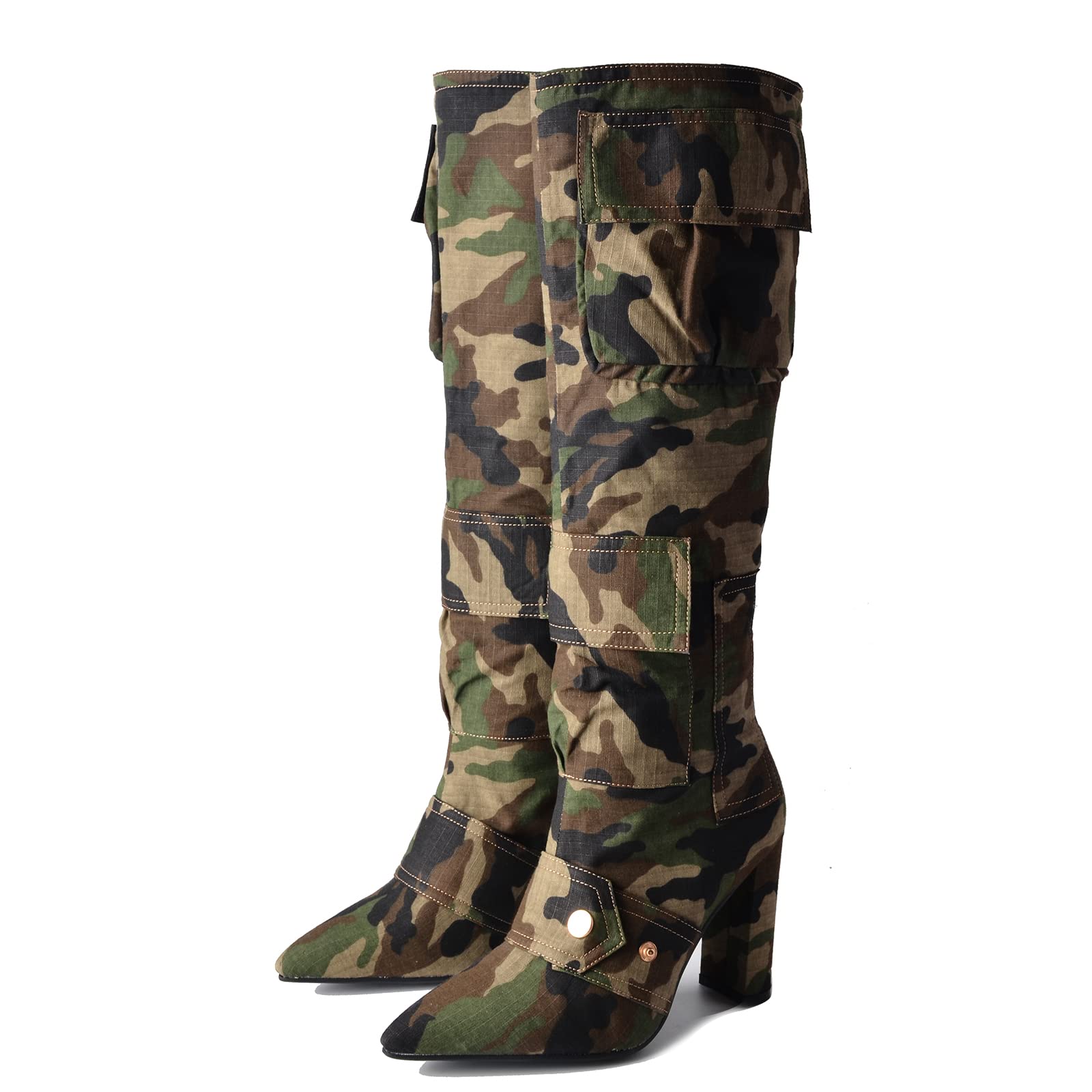 Arqa Women's Camo Knee High Boots Pointed Toe Block Heel Camouflage Boot with Metal Buttons Multiple Pockets Boot