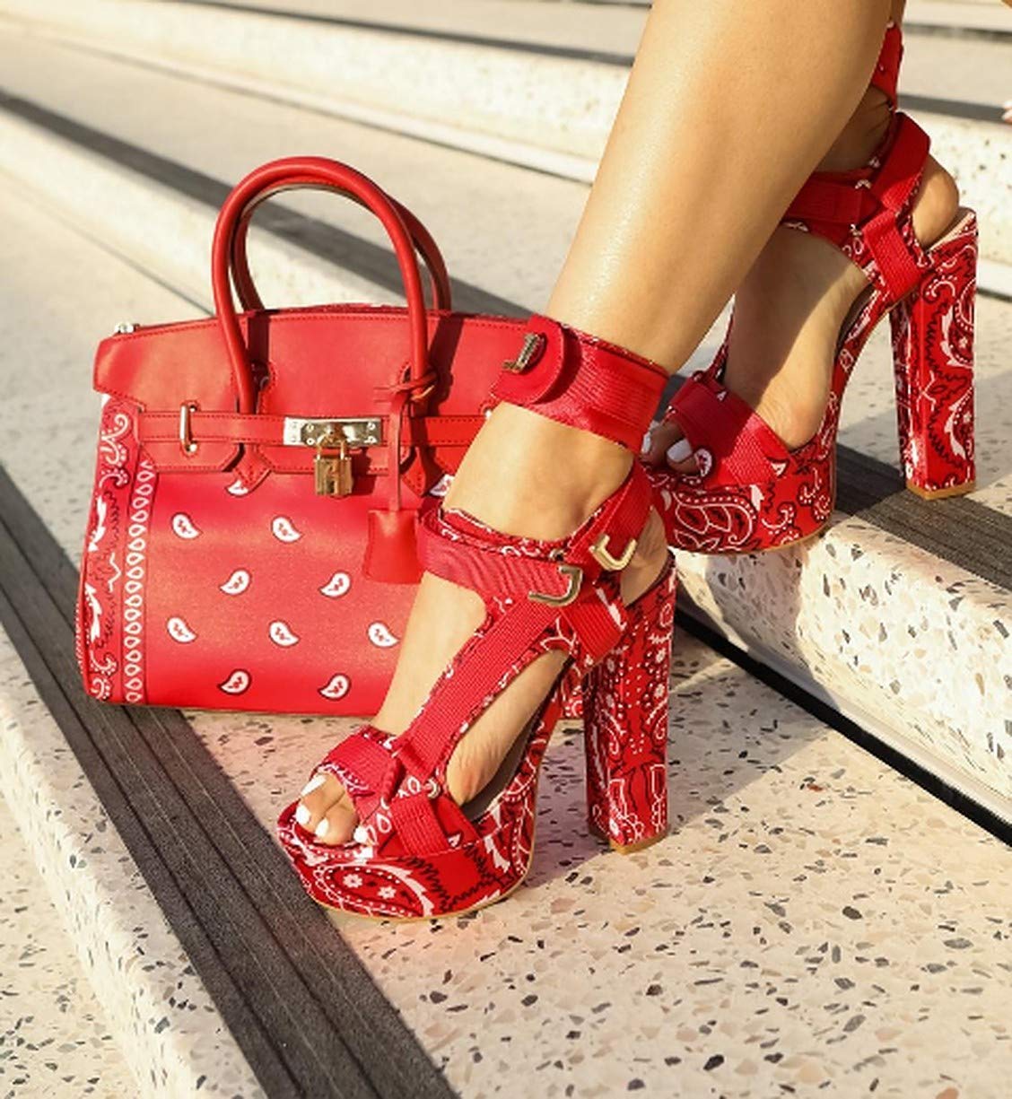 Mata Shoes Women's Open Toe Strappy Chunky Platform High Heel Sandals Red Bandana 6.5