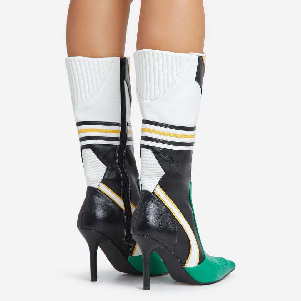 LEMONADE Womens Endeavor Motocross Detail Pointed Toe Stiletto Heel Mid Calf Boot (Green, US Footwear Size System, Adult, Women, Numeric