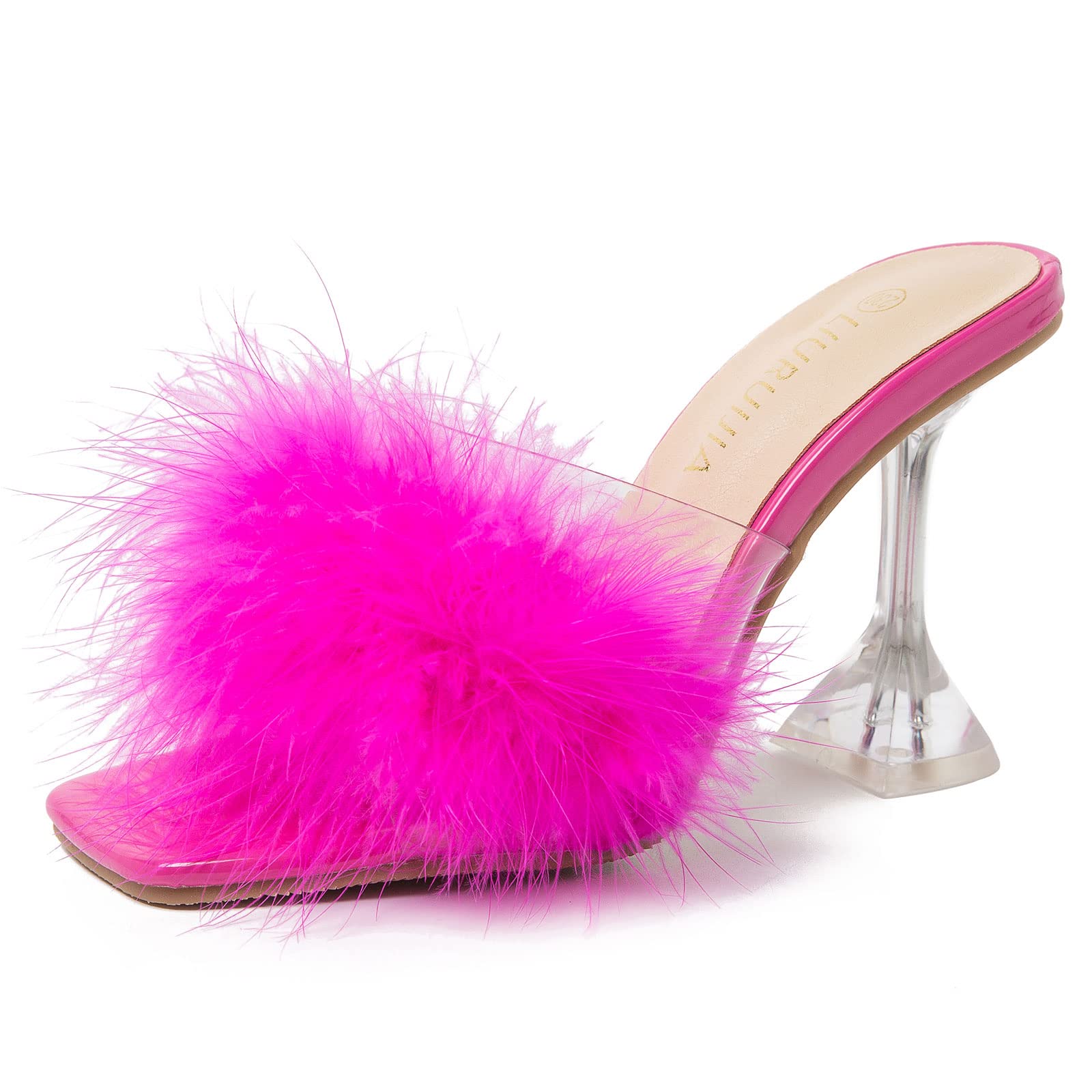 LIURUIJIA Women's Square Toe Feather Fluffy Fuzzy Heels High Heeled Dress Sandals Wedding Bridal Party Shoes Hot pink