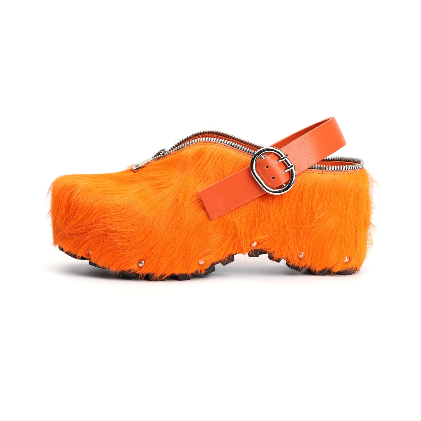 XOBZJH Women’s Natural Cow Print Fur Platform Clogs with Decorative Zipper & Adjustable Buckle Strap – Western Slip-On Punk Rivet Mules with Arch Support, Chunky Retro Rustic Style