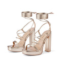 Elisabet Tang Women's Strappy Heeled Sandals, 5 inch Platform Heels Chunky Lace up High Heels Open Toe Party Shoes Gold
