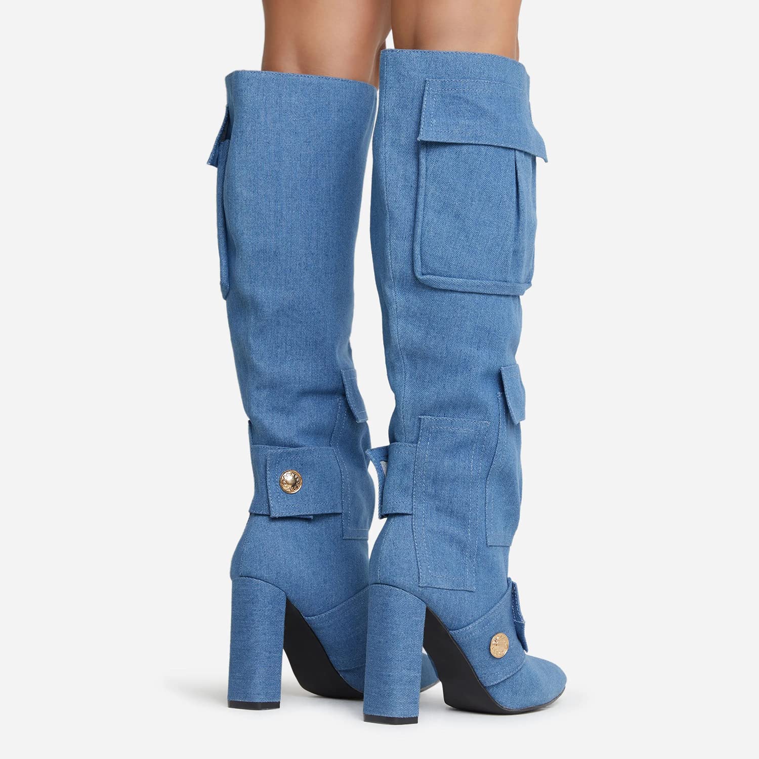 Arqa Women's Camo Knee High Boots Pointed Toe Block Heel Camouflage Boot with Metal Buttons Multiple Pockets Boot