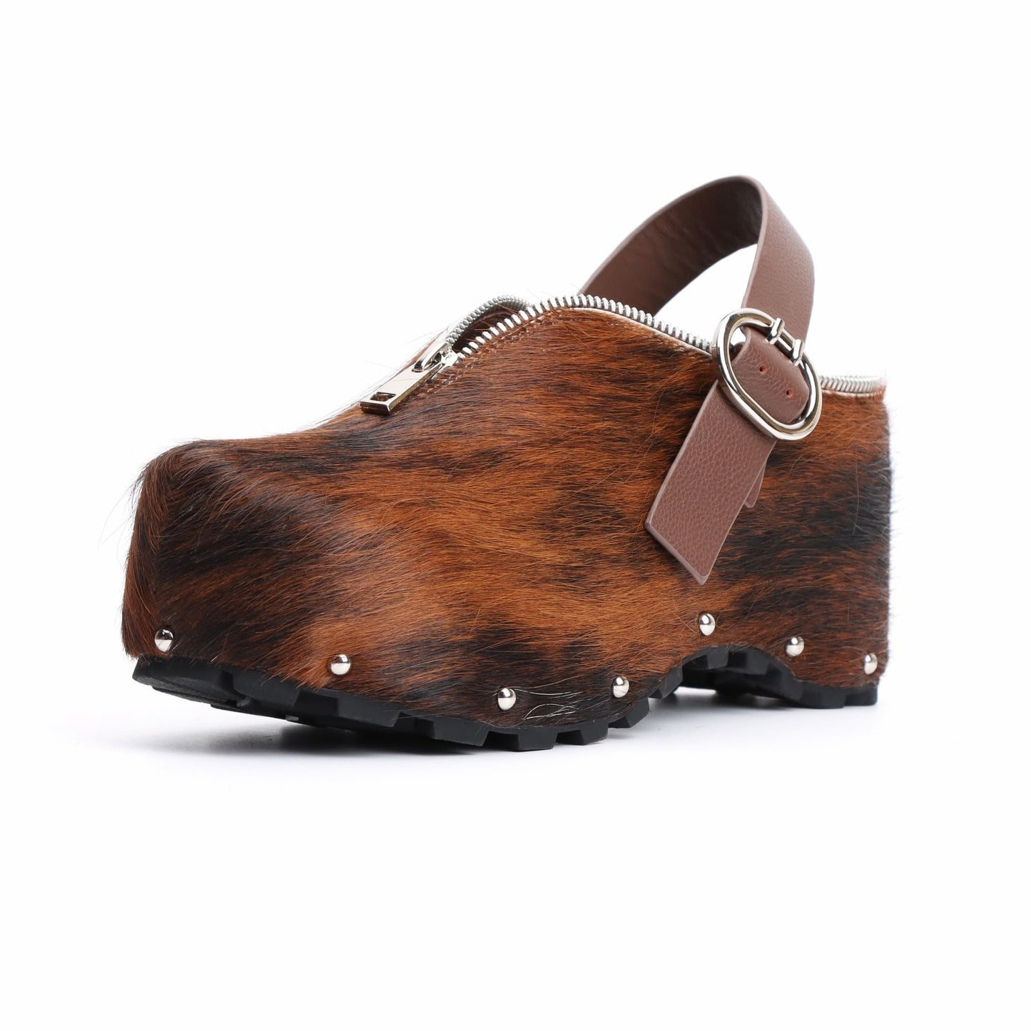 XOBZJH Women’s Natural Cow Print Fur Platform Clogs with Decorative Zipper & Adjustable Buckle Strap – Western Slip-On Punk Rivet Mules with Arch Support, Chunky Retro Rustic Style