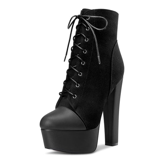 NobleOnly Women Chunky Block Platform High Heel Round Toe Lace-up Zipper Ankle Boots Short Bootie Classic Shoes Black
