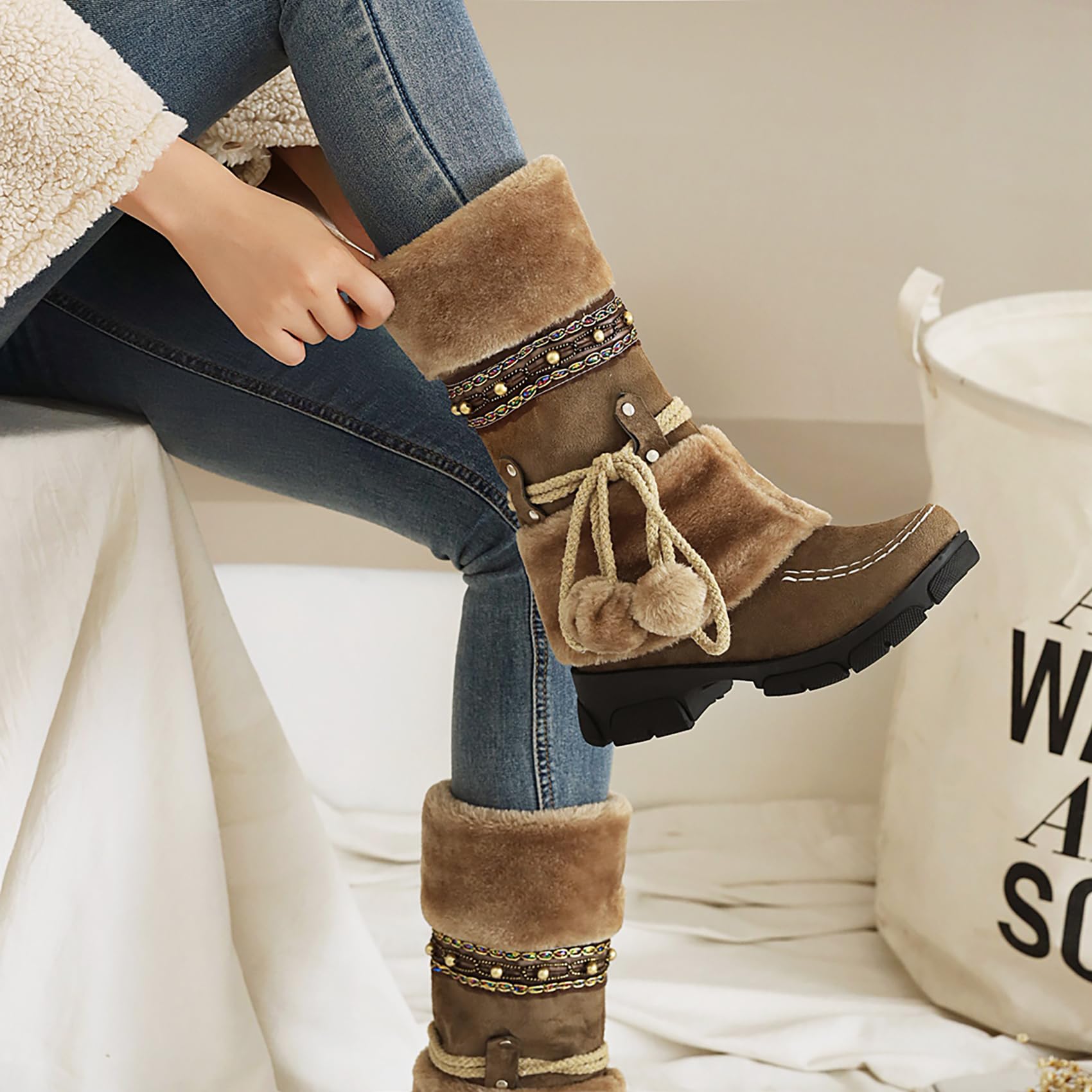 AIJIVOU Women's Mid-Calf Slip On Winter Snow Boots, Classic Round Toe Suede Faux Fur Cozy Warm Comfortable Winter Booties Low Heel Hairball Flat Soled Shoes (brown,8 M US)