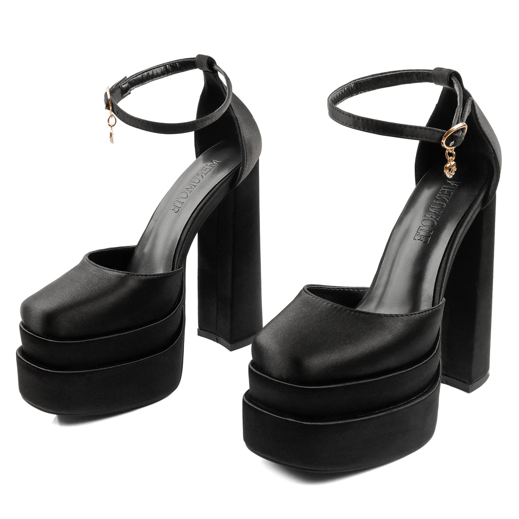 MERUMOTE Womens Sexy High Heels Platforms Pumps Square Toe Chunky Block Heels Rhinestone Party Shoes Black Satin