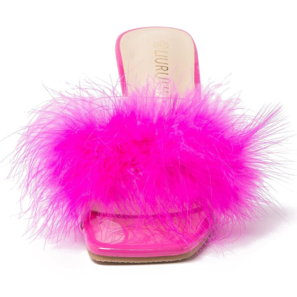 LIURUIJIA Women's Square Toe Feather Fluffy Fuzzy Heels High Heeled Dress Sandals Wedding Bridal Party Shoes Hot pink