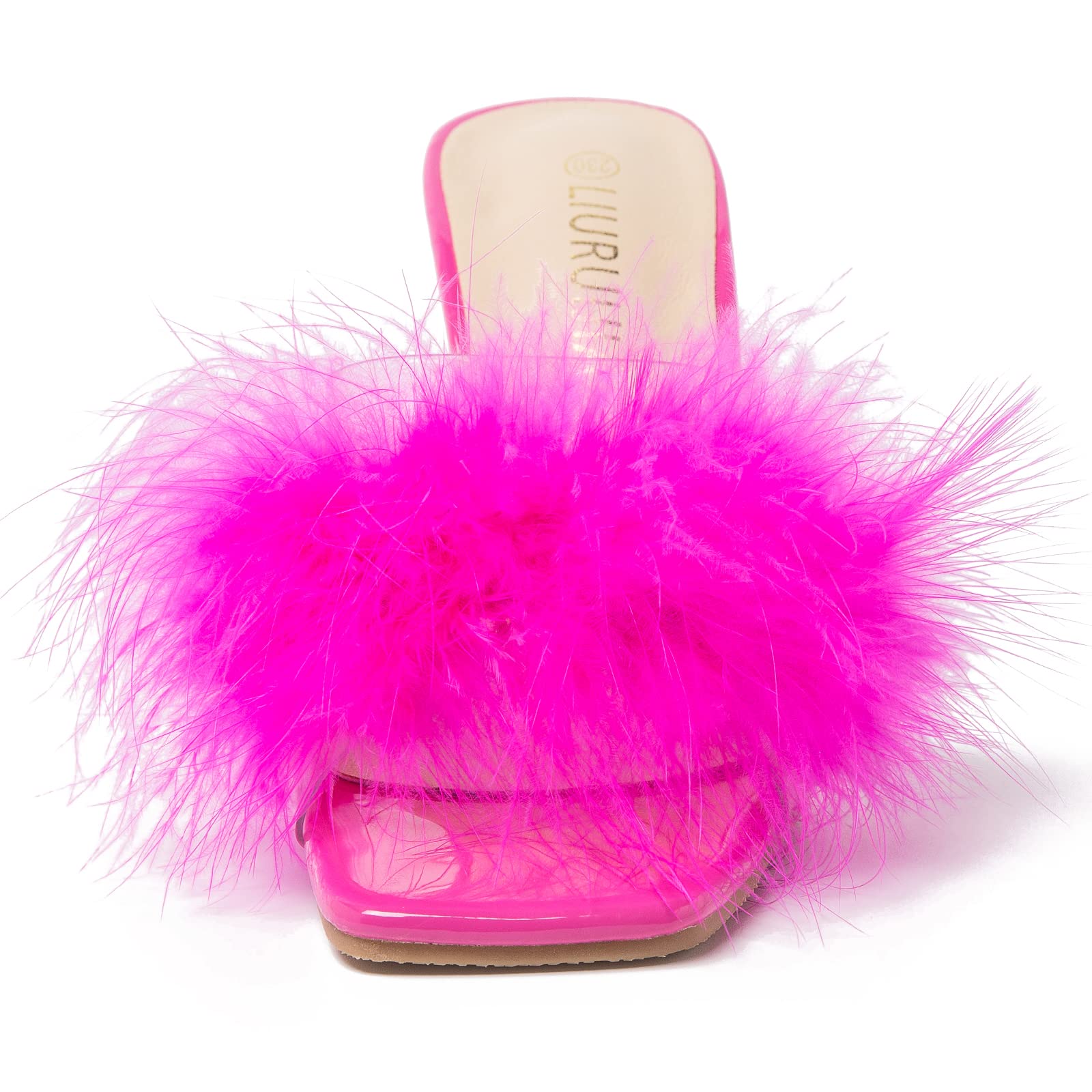 LIURUIJIA Women's Square Toe Feather Fluffy Fuzzy Heels High Heeled Dress Sandals Wedding Bridal Party Shoes Hot pink