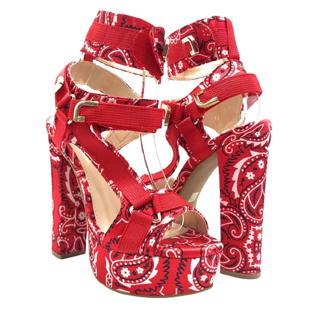 Mata Shoes Women's Open Toe Strappy Chunky Platform High Heel Sandals Red Bandana