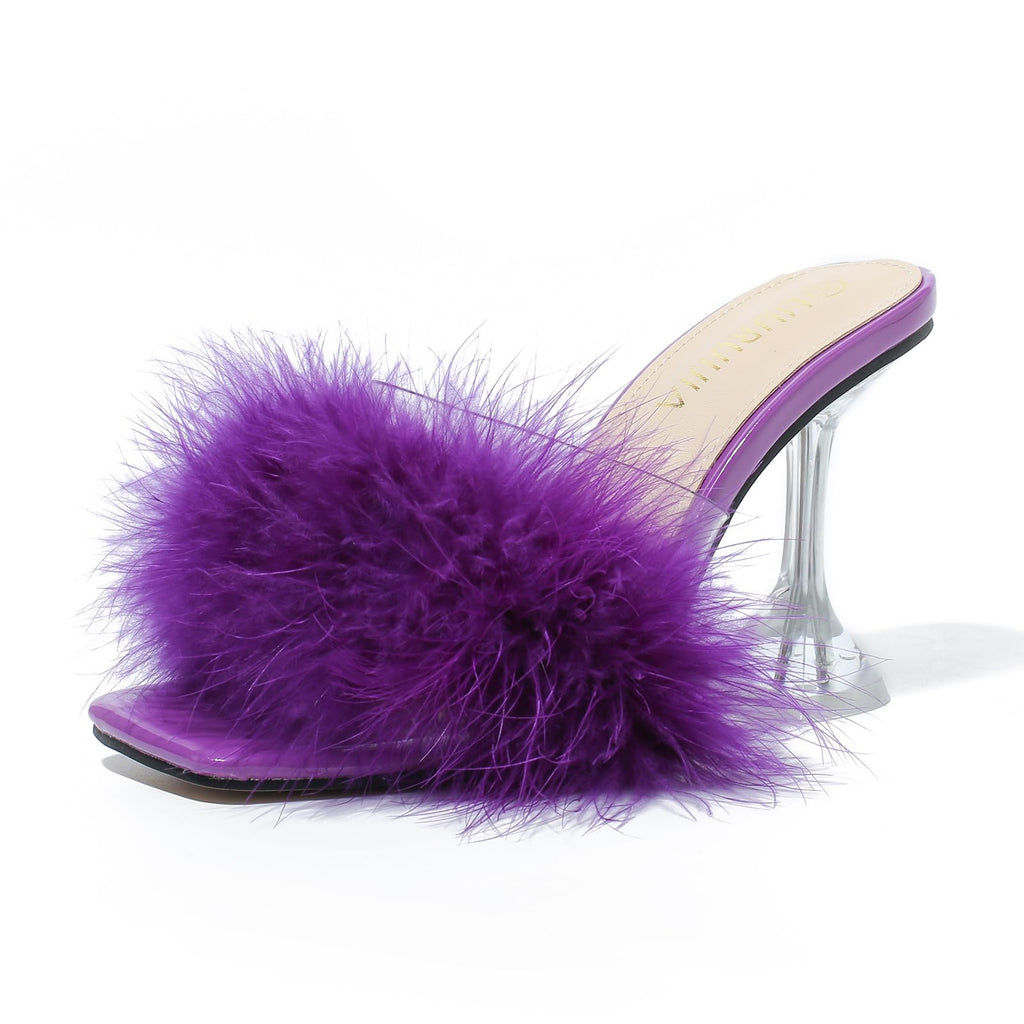 LIURUIJIA Women's Square Toe Feather Fluffy Fuzzy Heels High Heeled Dress Sandals Wedding Bridal Party Shoes Purple