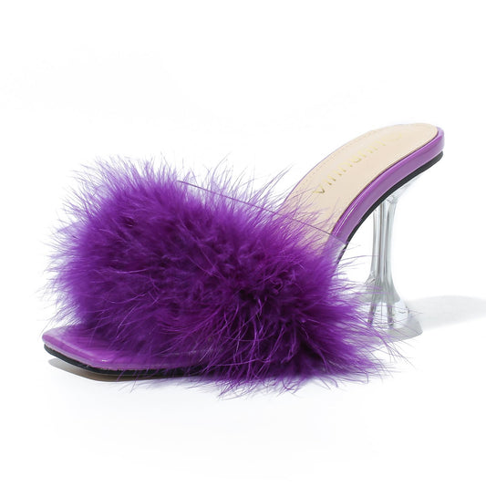 LIURUIJIA Women's Square Toe Feather Fluffy Fuzzy Heels High Heeled Dress Sandals Wedding Bridal Party Shoes Purple 39 US 7.5