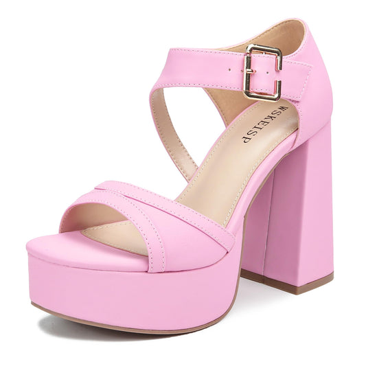 WSKEISP Platform Chunky Heels for Women Trendy Square Toe Heeled Sandals Black White Pink Silver Gold High Heels Ankle Strap Party Wedding Dress Pumps