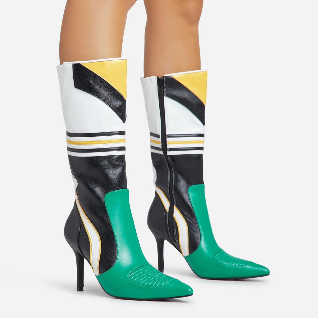 LEMONADE Womens Endeavor Motocross Detail Pointed Toe Stiletto Heel Mid Calf Boot (Green, US Footwear Size System, Adult, Women, Numeric