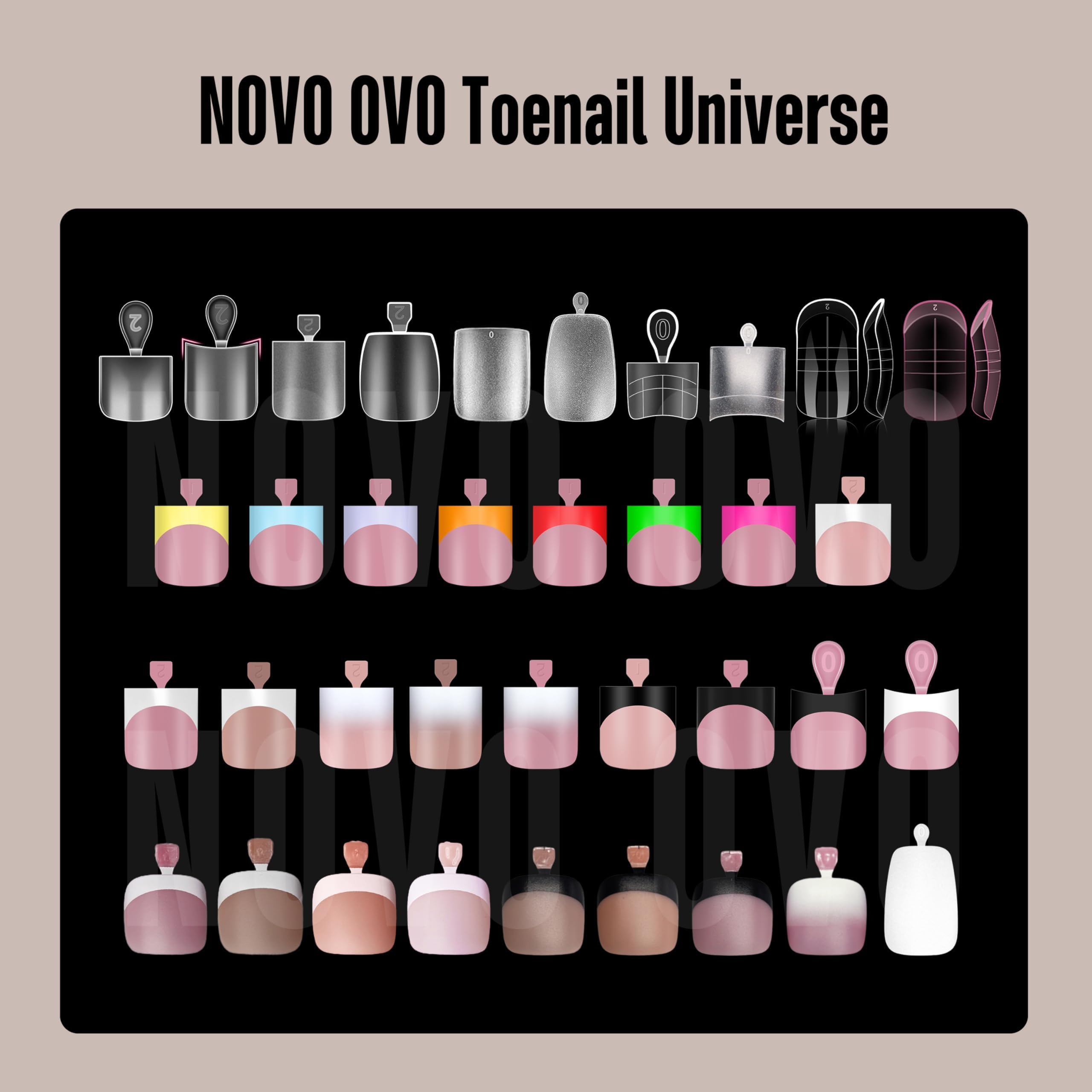 NOVO OVO Fake Toe Nail Tips Press on, French Tip Soft Gel Toenail Extension, BROWN PINK Square Round Pre-applied Tip Primer & Base Coat, Full Cover Matte False Nails for DIY x 15 Sizes 360Pcs
