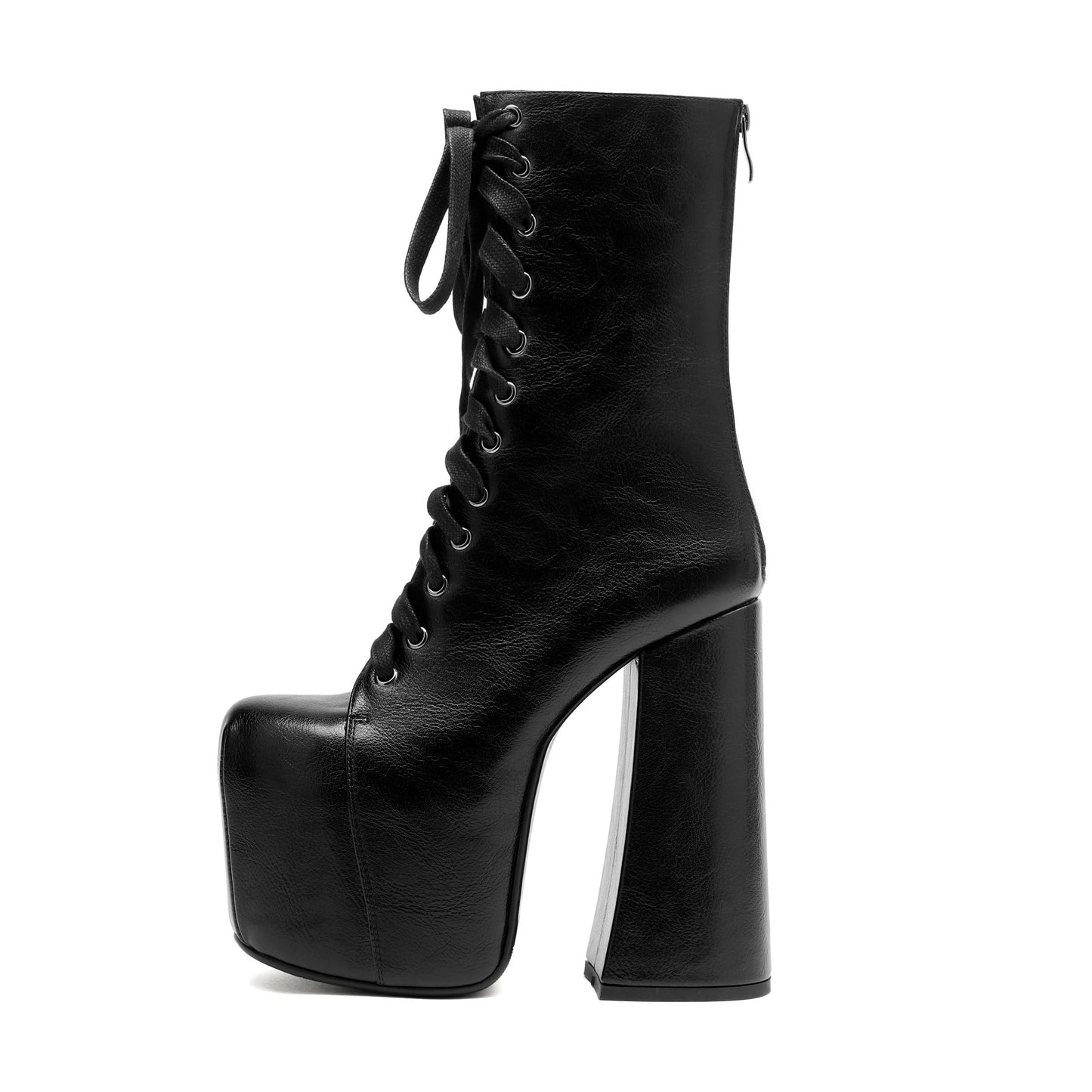 Tsrenlmln Women's waterproof platform with flat bottom, small and medium-sized leg boots, square toe tie, 4-inch thick heel